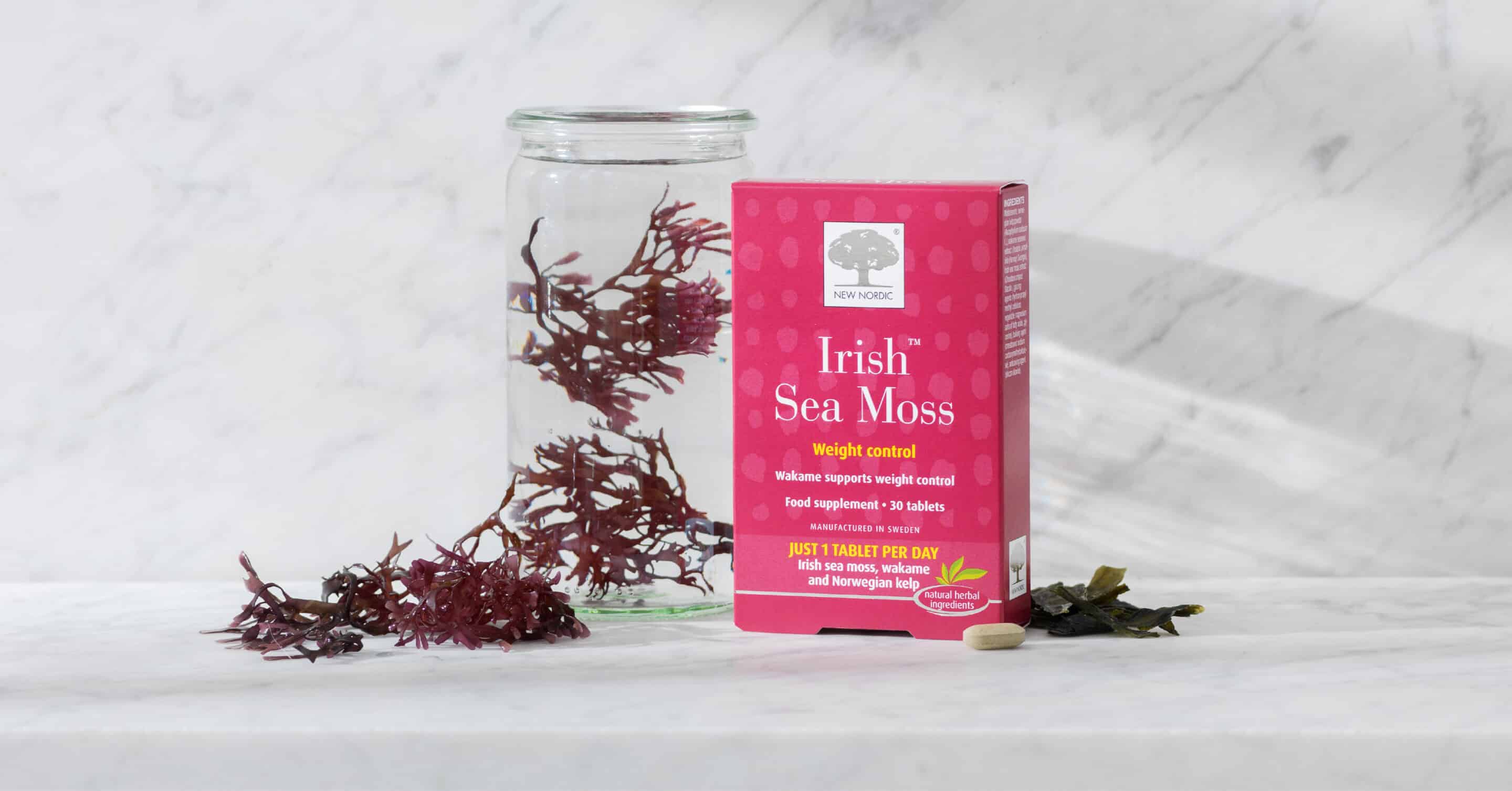 Irish Sea Moss package with seaweed in a jar.