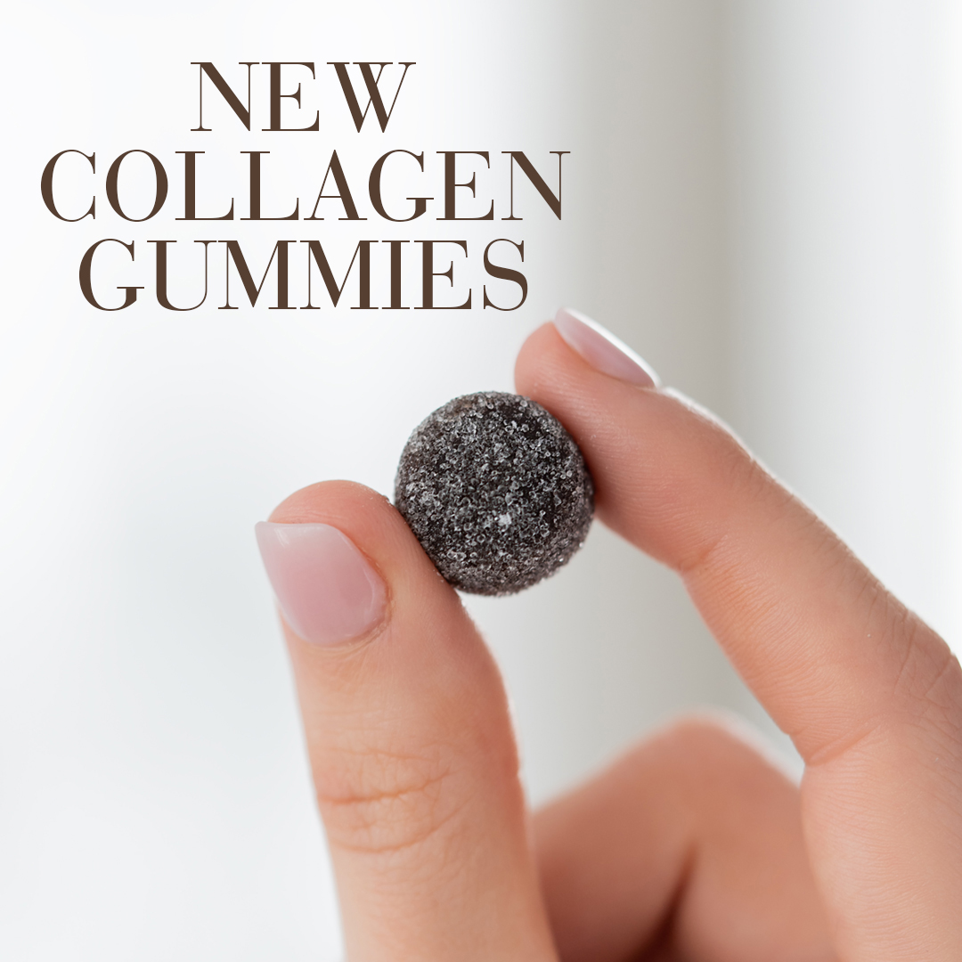 New Collagen Gummies text above two fingers holding a gummy between them.